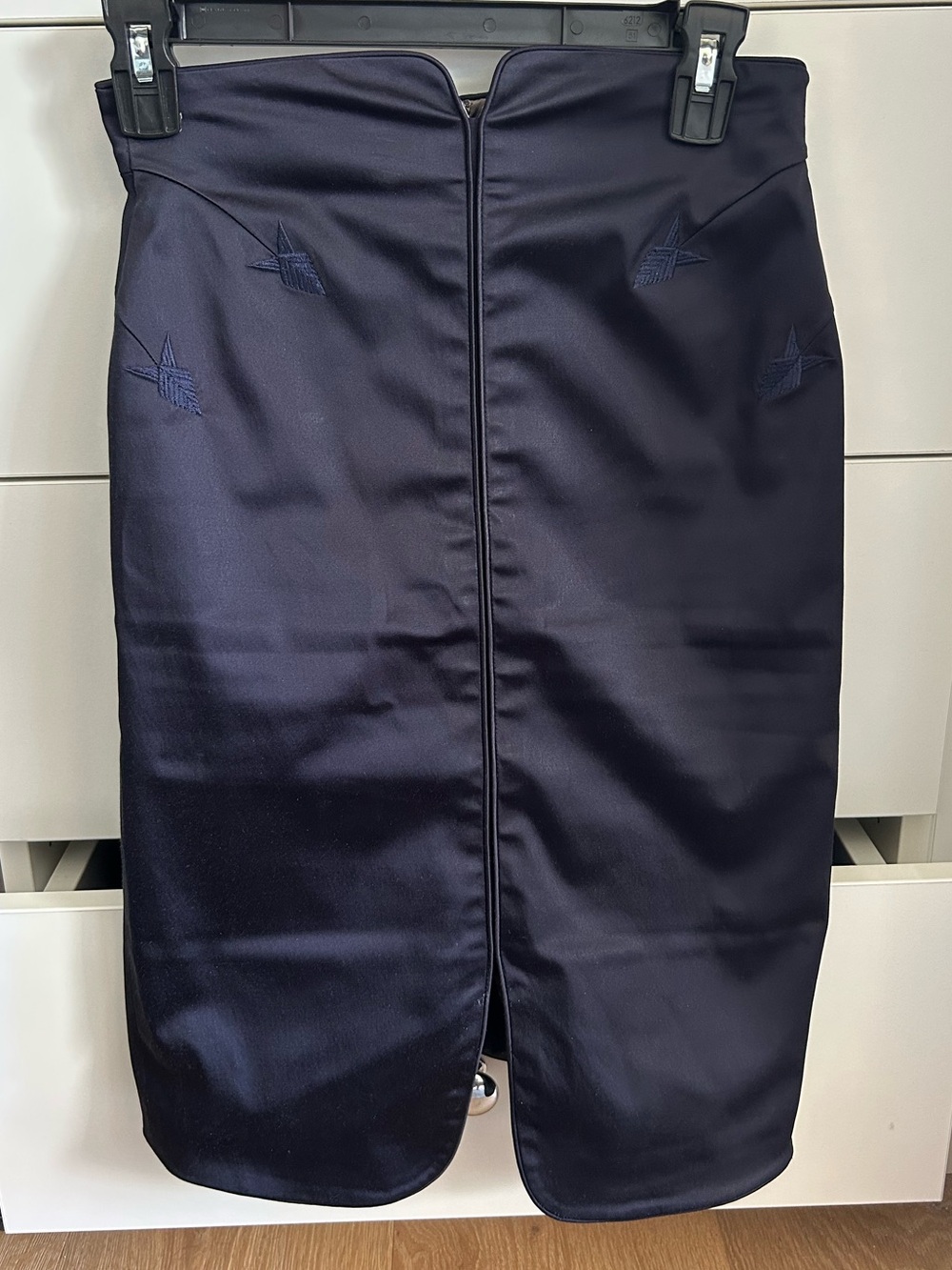Zac Posen Navy Satin Pencil Skirt with Subtle Embroidery